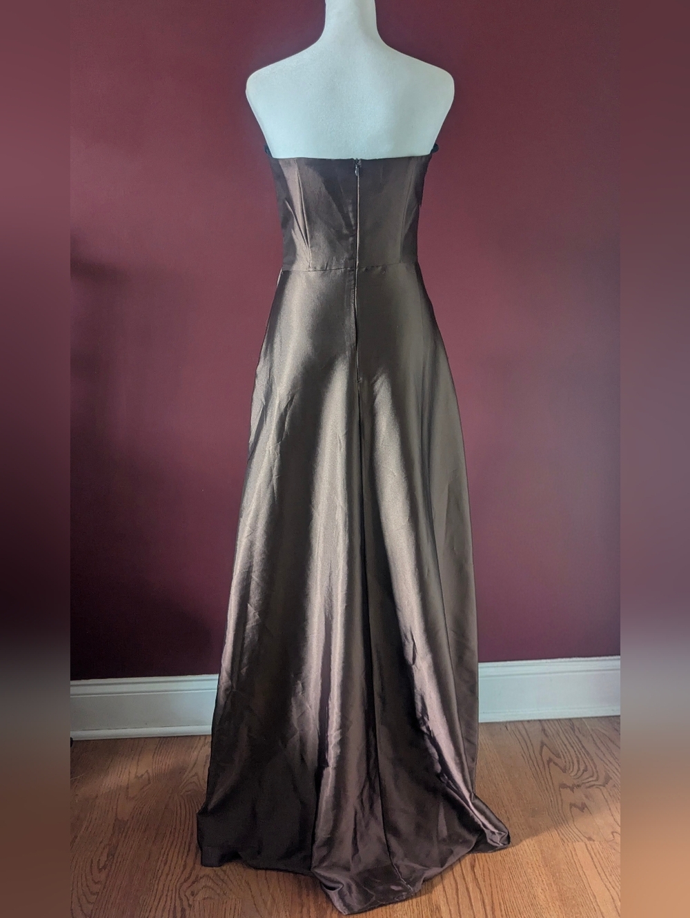 Vintage Juno Strapless Satin Gown Warm Brown Formal Dress with Shawl - Picture 5 of 12